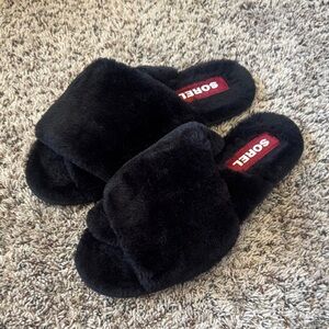 Sorel Women's Black Plush Faux-Fur Slide Slippers